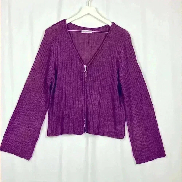 Made With Love Womens Cardigan Burgundy 2X Long Sleeves V-Neck Zip Front Ribbed - Picture 1 of 13